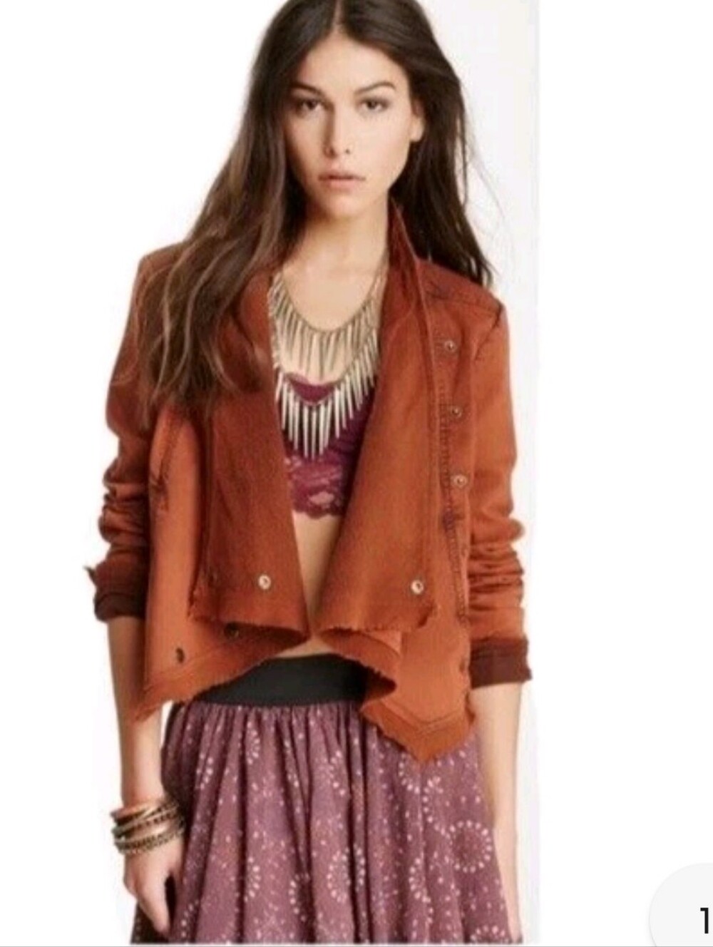 Free People Boho Collapsing Twill Raw Edge Jacket Hanna Rustic Orange women Sz M - Picture 10 of 10